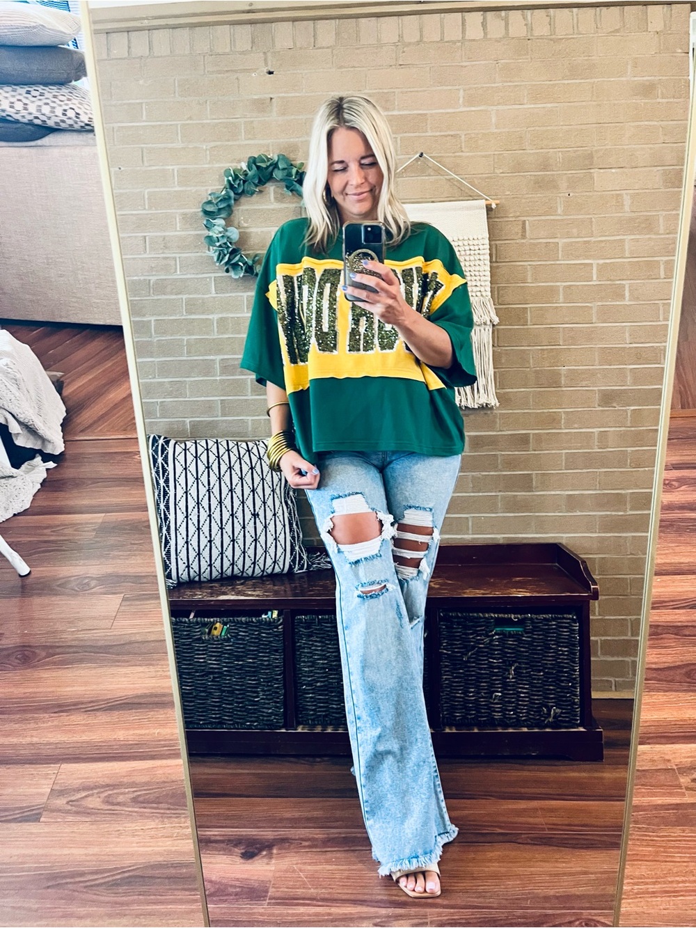 Women’s Green Short Sleeve Tee with Yellow Sequin Detail